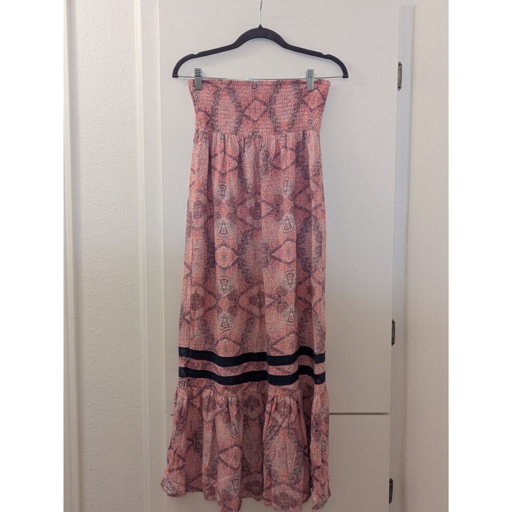 Volcom Womens Size 12 Strapless Boho Maxi Dress With Navy Crochet Trim & Geometr